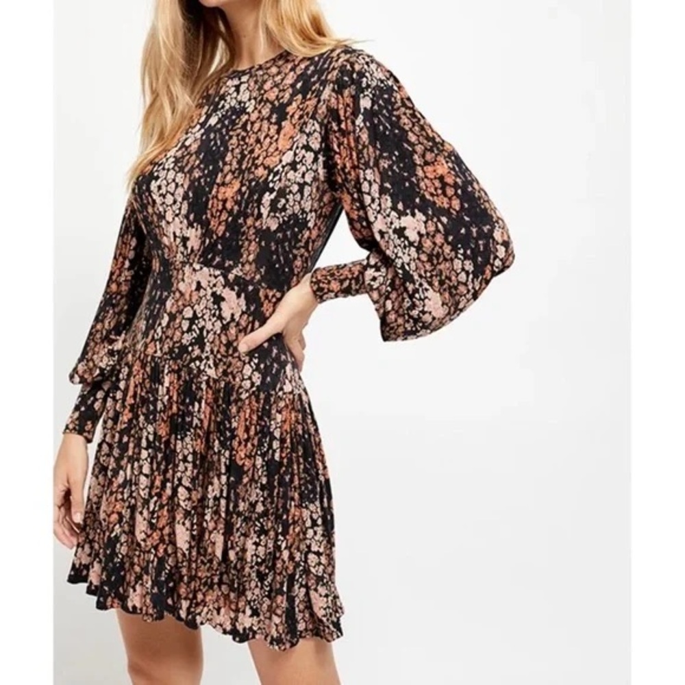 Free People Heartbeat Mini Dress, Drop Waist, Animal Print, Longsleeve,Black Tan